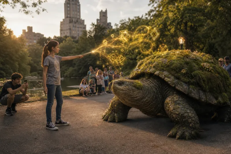 A girl binding a giant turtle creature with golden light