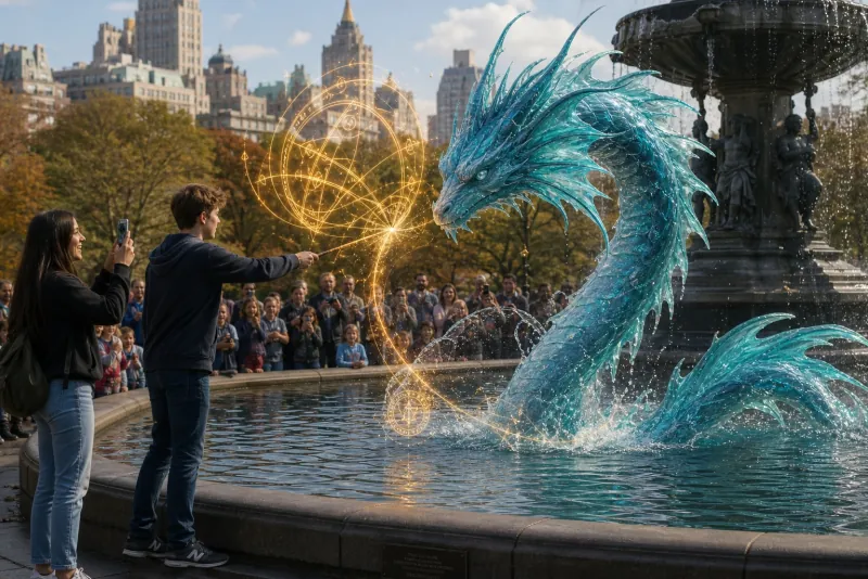 A couple binding a teal water dragon at a fountain