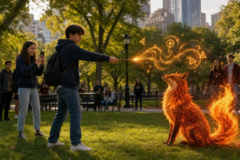 A boy tracing a binding rune toward a fiery fox creature
