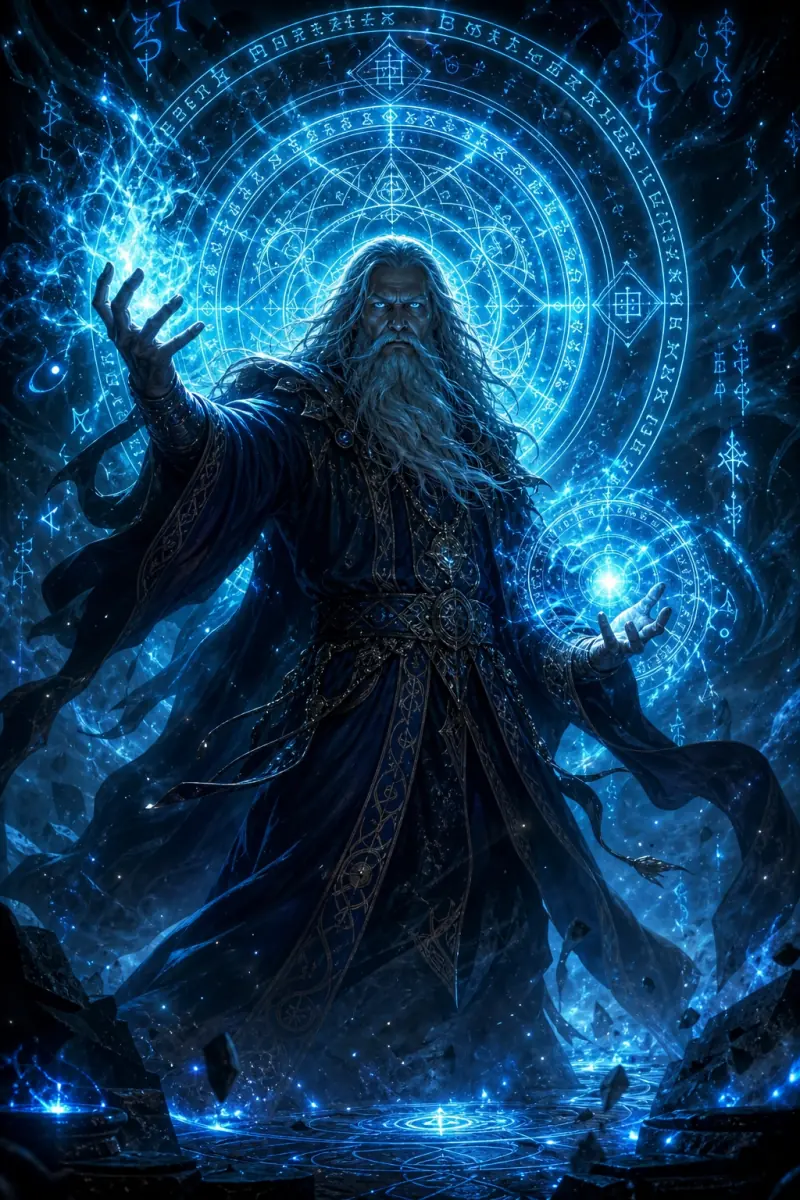A wizard channeling glowing arcane runes