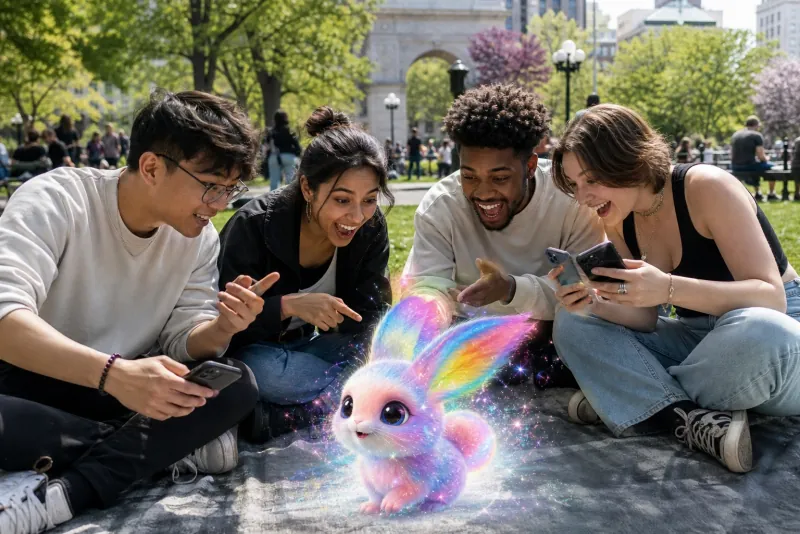 Four friends confronting a small rabbit-like spirit