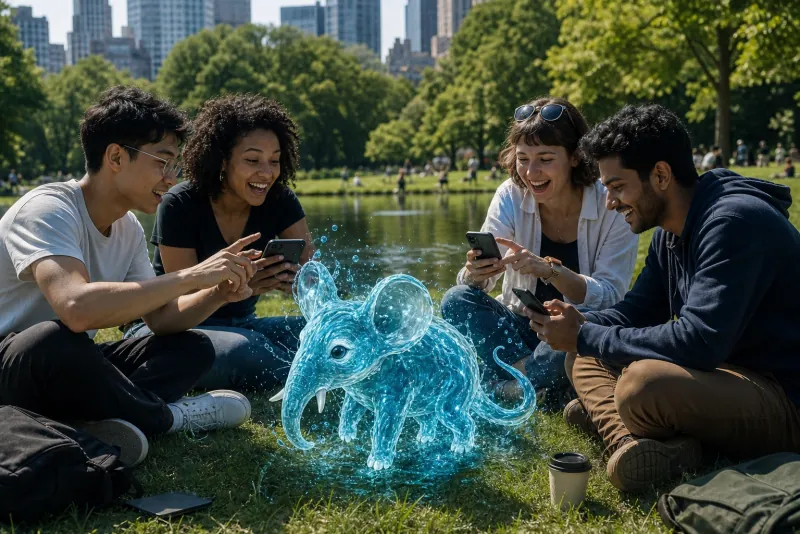 Friends facing a translucent blue octopus spirit