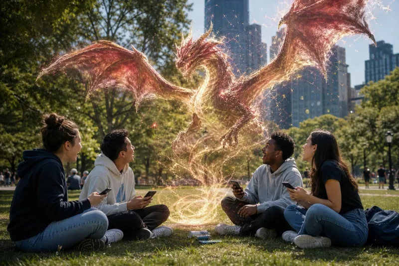 Four players confronting a fiery red dragon