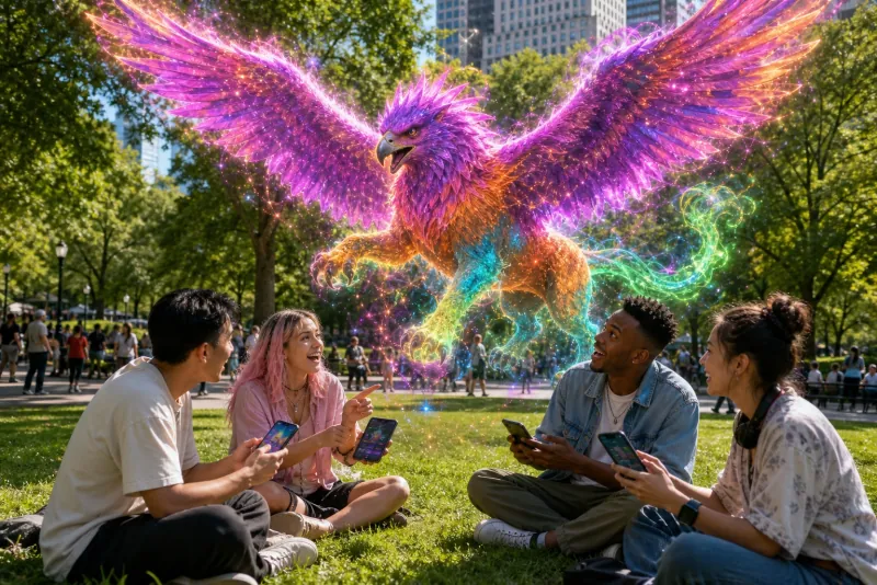 Friends confronting a giant phoenix with rainbow plumage