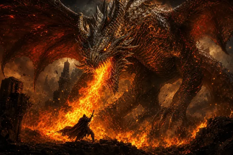 A massive mythic dragon emerging from fire