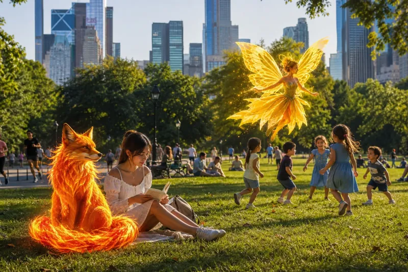 Players discovering an Emberfox and Sunpetal Sprite in Central Park