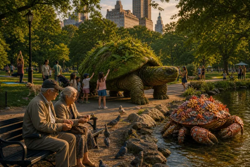 Park visitors meeting a giant turtle topiary creature