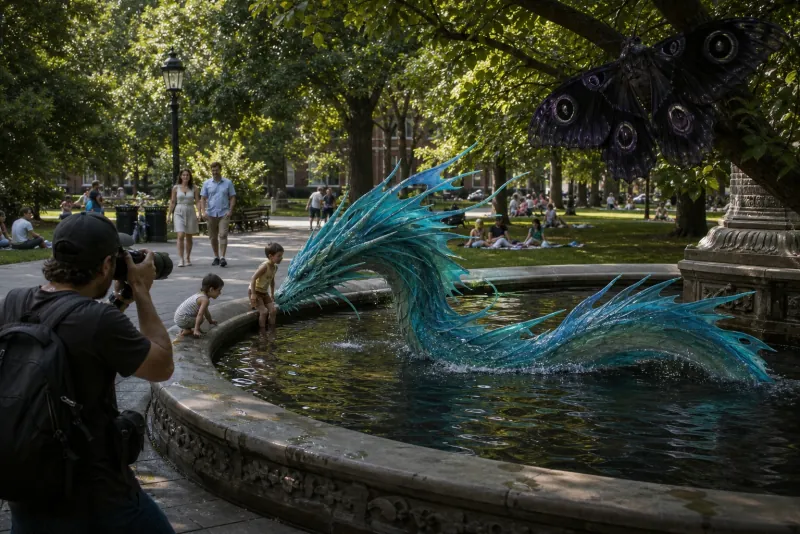 A photographer capturing a water dragon at a park fountain