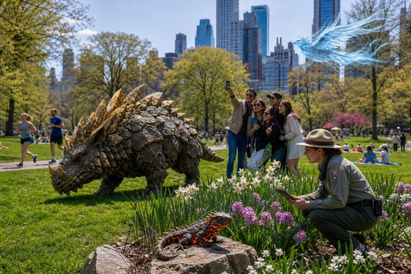 A group photographing a stone-creature in front of Manhattan towers