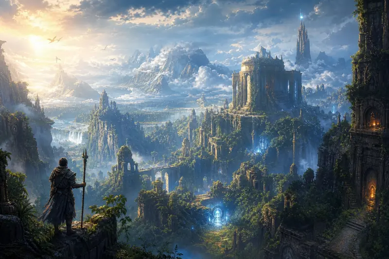 A vast fantasy landscape with mountains and a waterfall