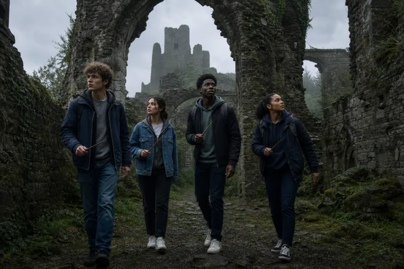 Adventurers walking through ancient castle ruins