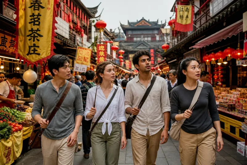 A group exploring a bustling traditional Chinese market