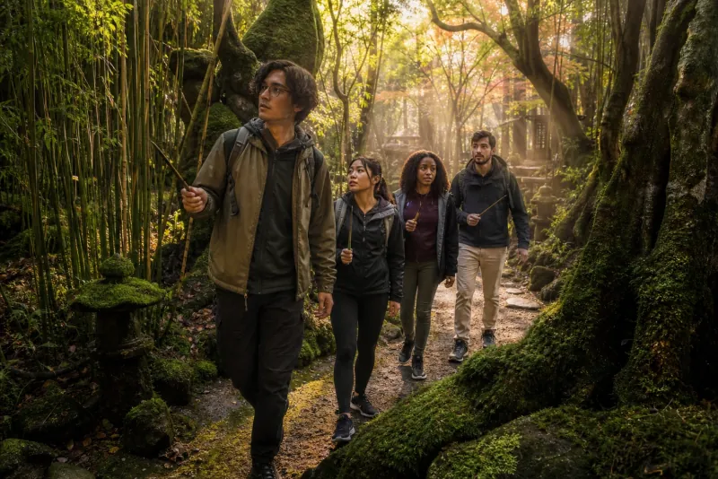 Travellers in a mossy ancient forest