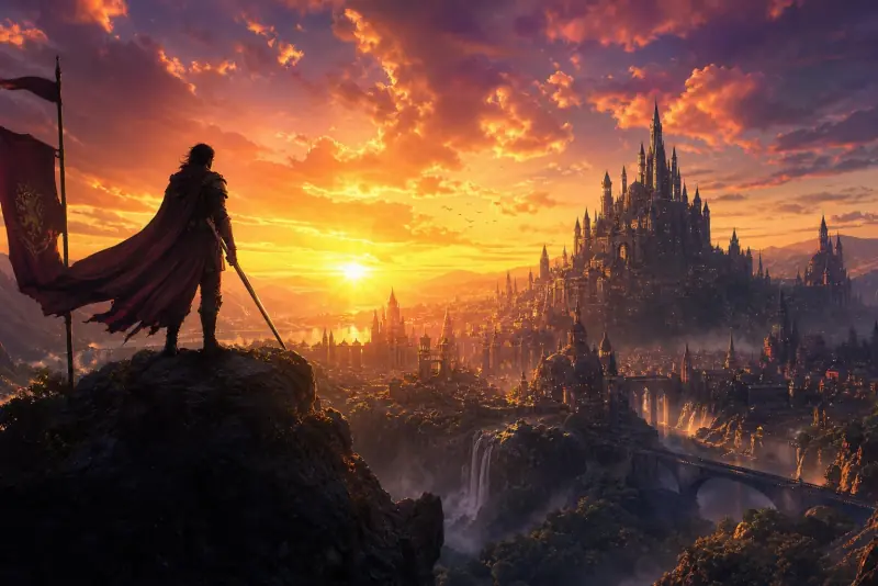 A heroic silhouette overlooking a distant city at dusk
