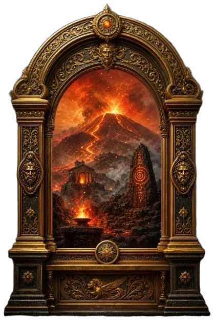 A doorway opening on a fiery volcanic realm