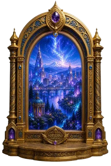 A doorway opening on a magical cityscape