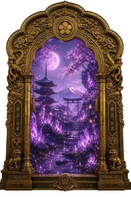A doorway opening on a moonlit pagoda in cherry blossoms